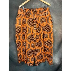 Ashro Women Orange Brown African Print Wide Leg Paperbag Waist Cotton Pants 16